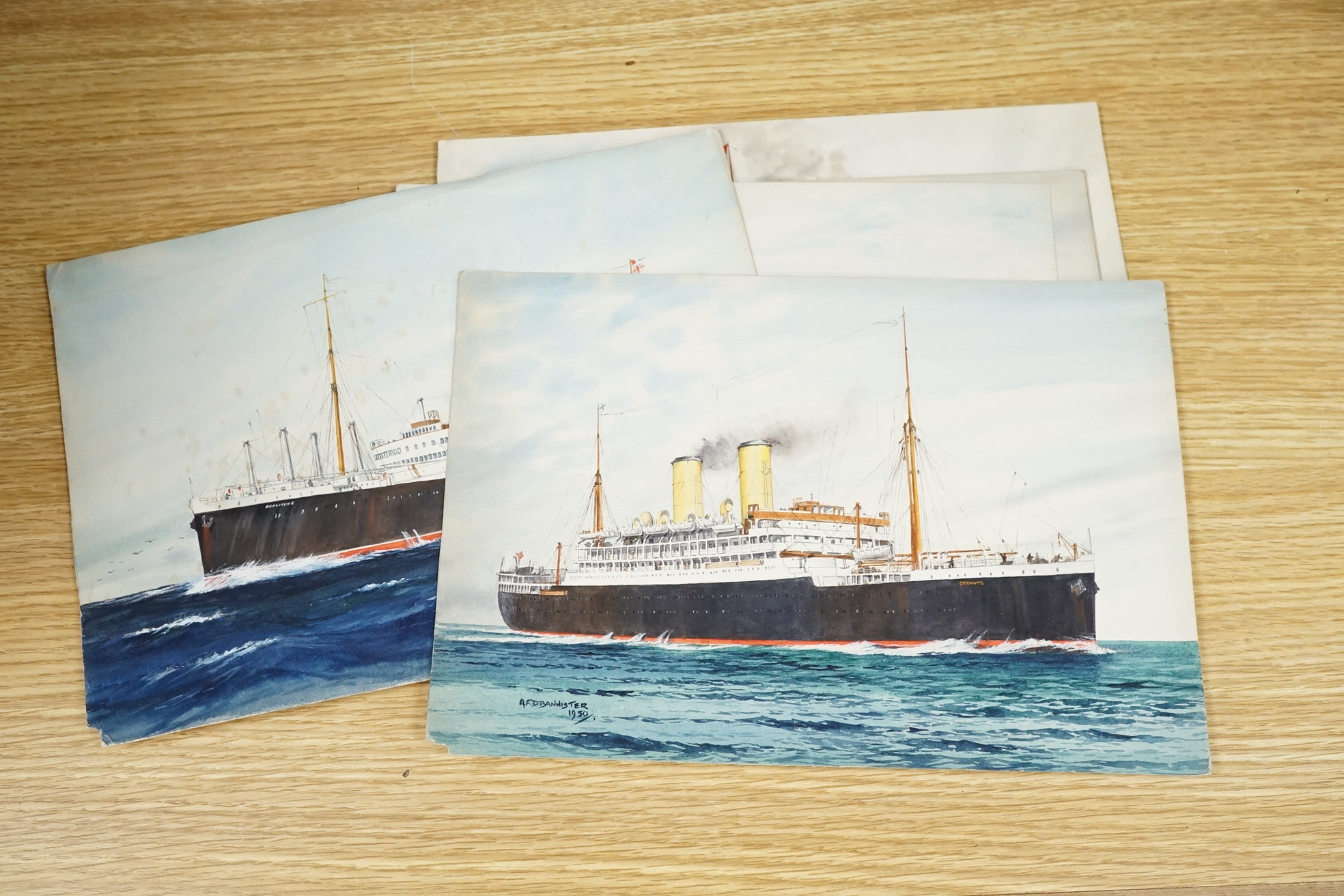 A F D Bannister, set of six original watercolours for postcard designs, Ocean going vessels to include Otranto, Orient Line, Highland Monarch Royal Mail Line and Arandora Star Blue Star Line, each with original pencil in